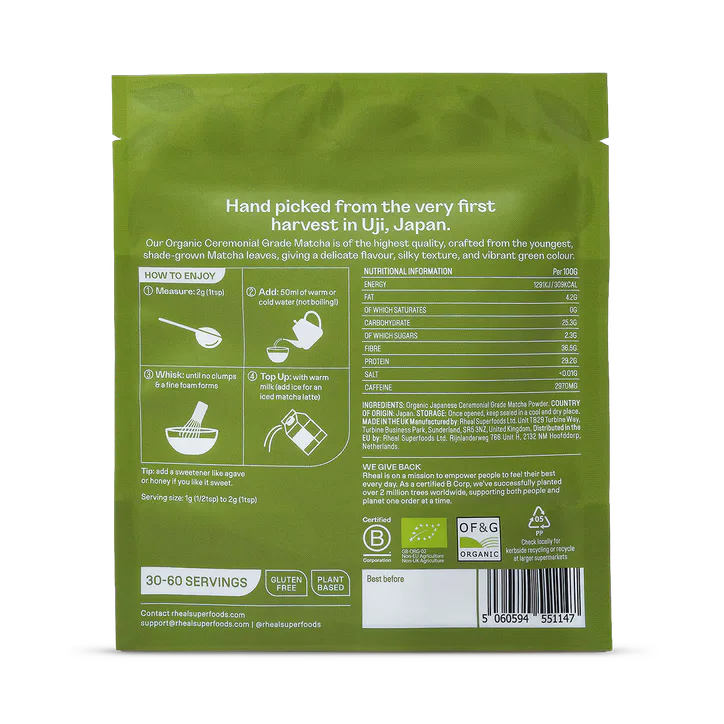 Rheal Organic Japanese Ceremonial Grade Matcha Powder 60 g, additional product view 2