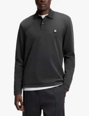 HUGO Stacked Logo-Appliqué Long-Sleeved Stretch-Woven Polo Shirt detail 3