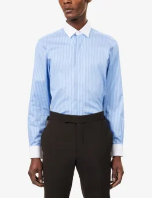 TOM FORD Stripe Contrast Cotton Shirt in BLUE & BLACK, additional product view 3