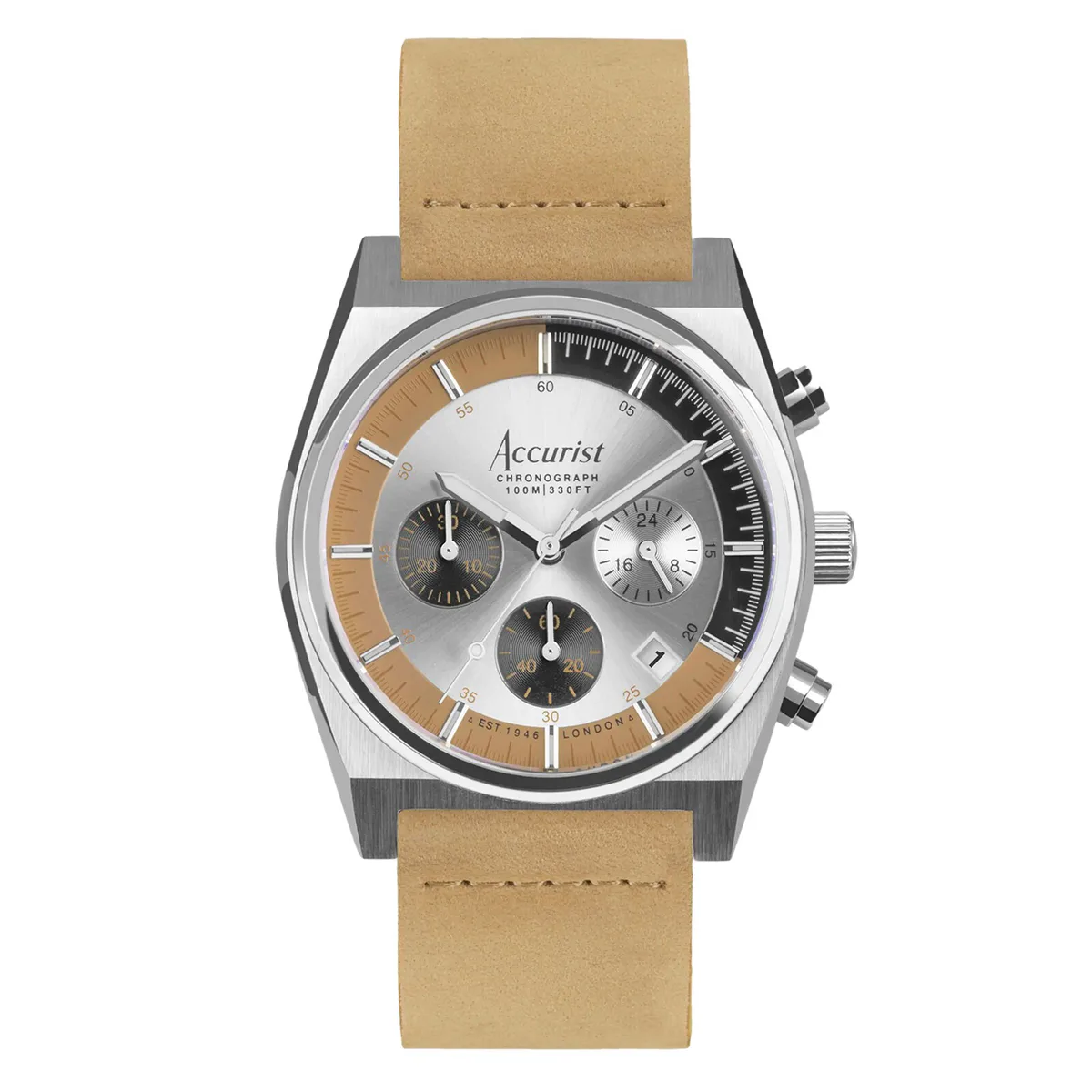Accurist Origin Chrono Silver Dial Brown Leather Mens Watch