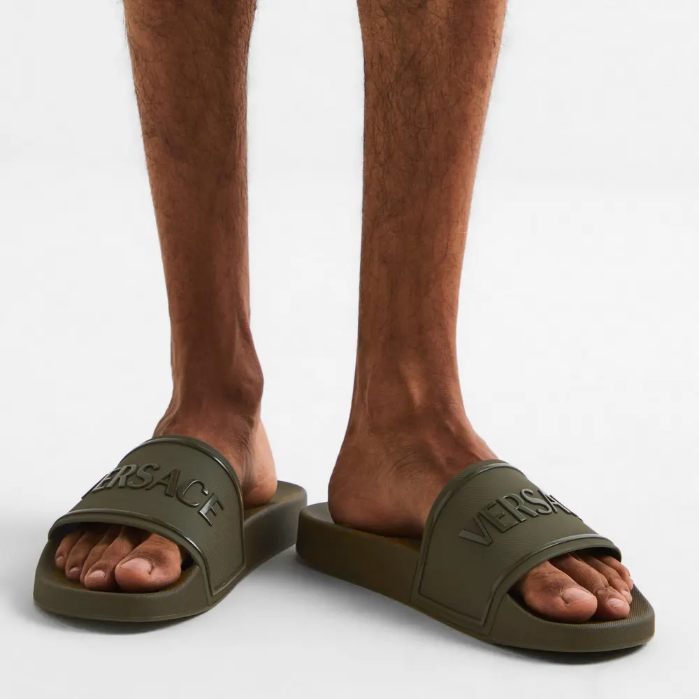 Versace Men's Emboss Pool Sliders in Khaki, additional product view 3