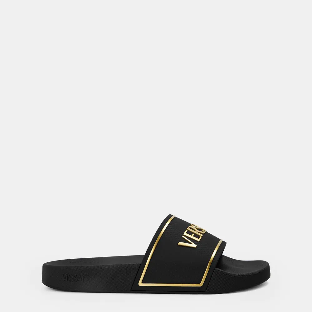 Versace Men's Emboss Pool Sliders in Black/Gold – Footwear