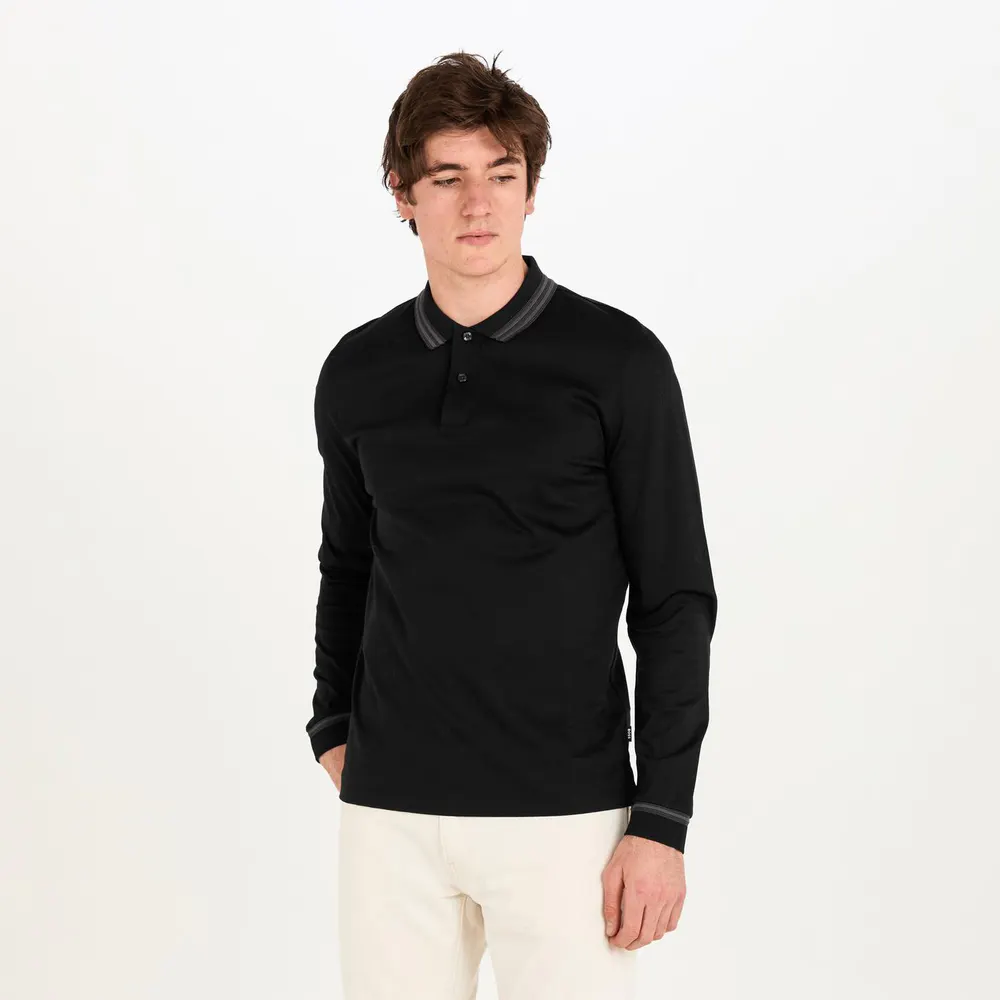 Boss Men's H Pleins Black Long Sleeve Polo Shirt detail 3