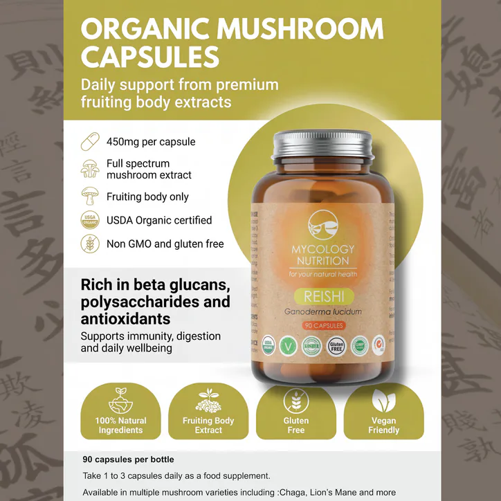 Mycology Nutrition Organic Reishi 450mg 90 Capsules - WM070, additional product view 2