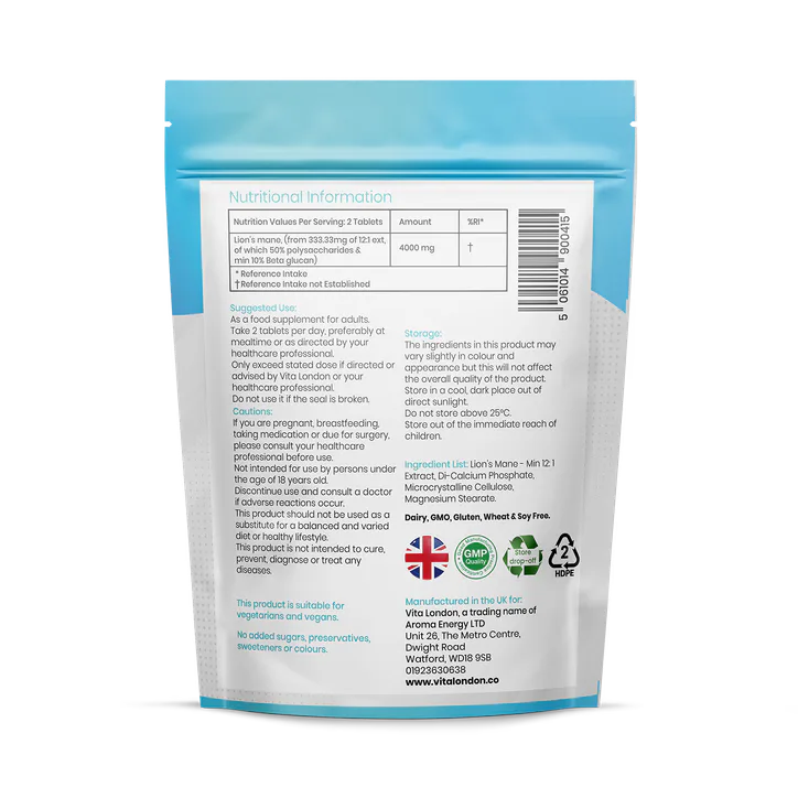 Vita London Lion's Mane 4000mg Mushroom Supplement 120 Tablets, additional product view 2