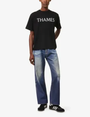THAMES Logo-Print Crew-Neck Cotton T-Shirt in BLACK, additional product view 2