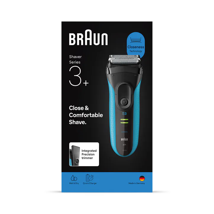 BRAUN Series 3+ Electric Shaver, Precision Trimmer, Wet & Dry, 3040S, Blue