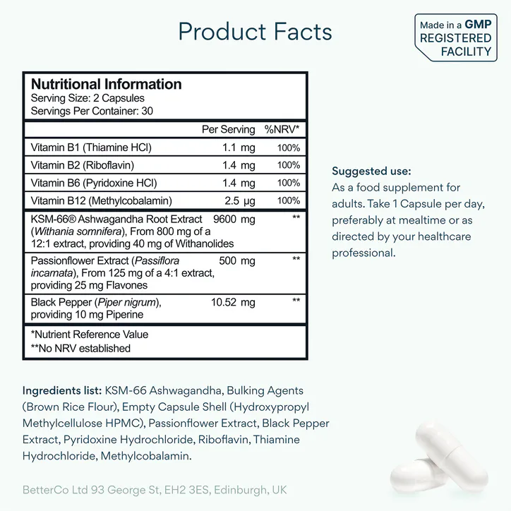 Bettervits Ashwagandha Complex with Passion Flower & Vitamin B 60 Capsules, additional product view 3
