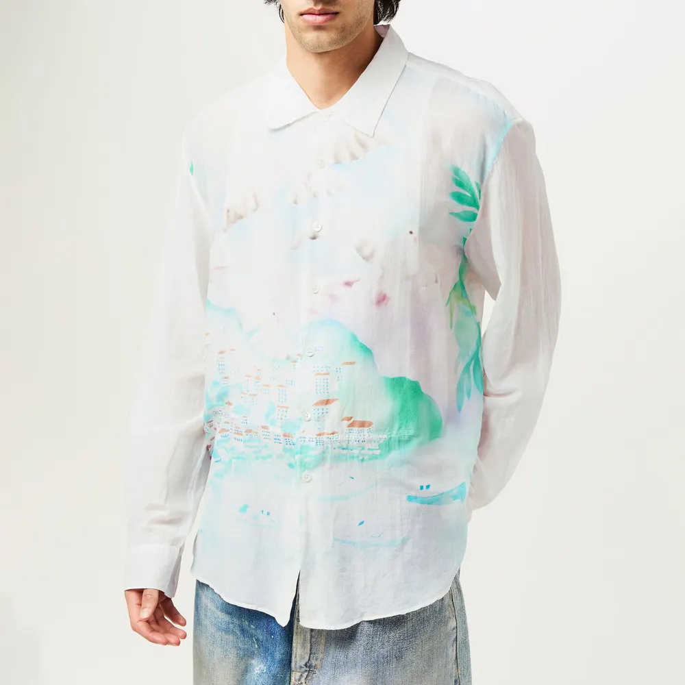Our Legacy Men's Patterned Long Sleeve Shirt in Sea View Wht, additional product view 3