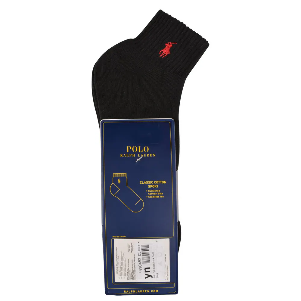 Polo Ralph Lauren Mens 3-Pack Quarter Socks in Black, additional product view 2