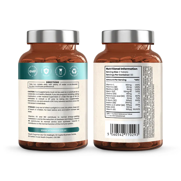 VitaBright Methylated Vitamin B Complex with Vitamin C - 11 B Vitamins - 120 Tablets detail 2