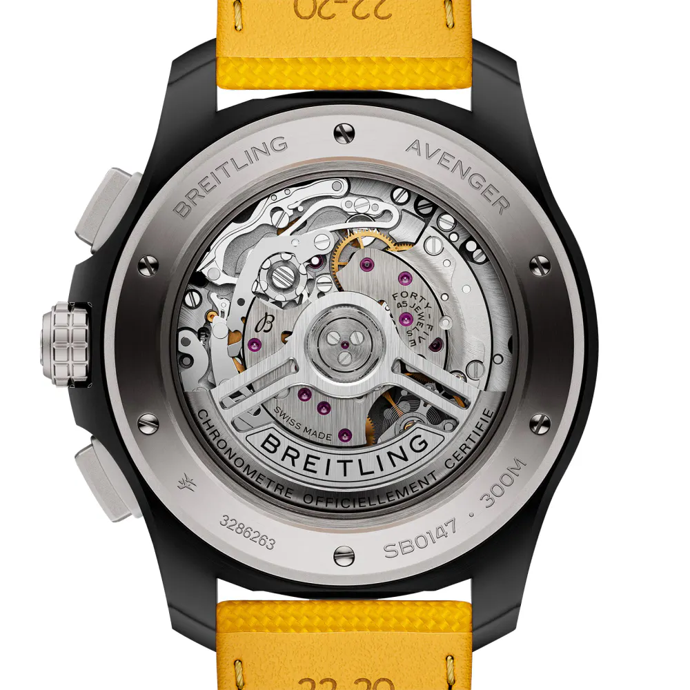 Breitling Avenger B01 Chronograph 44mm Night Mission Mens Watch Yellow Leather detail 2