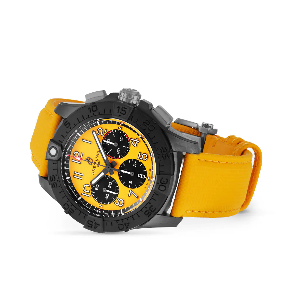 Breitling Avenger B01 Chronograph 44mm Night Mission Mens Watch Yellow Leather detail 3