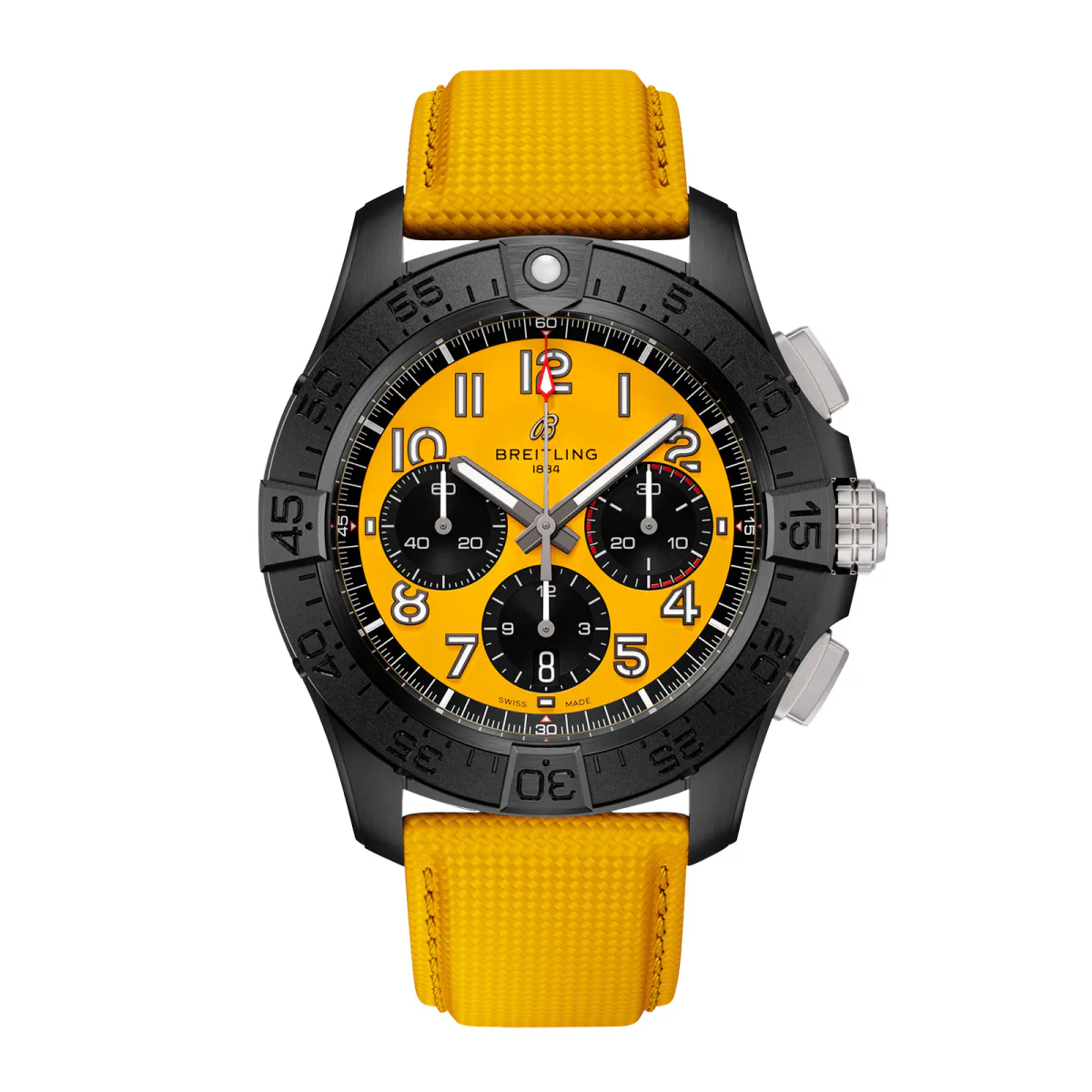 Breitling Avenger B01 Chronograph 44mm Night Mission Mens Watch Yellow Leather