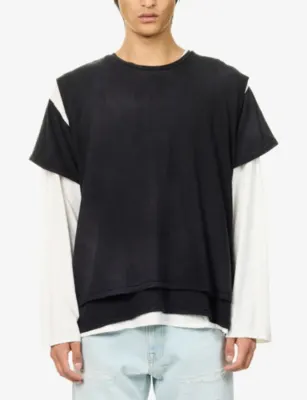FOUND Triple Layer Long-Sleeve Cotton-Blend T-Shirt in BLACK, additional product view 3