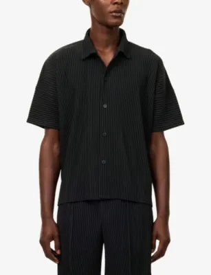 HOMME PLISSE ISSEY MIYAKE Camp-Collar Pleated Knitted Shirt in 19-inky Gray, additional product view 3
