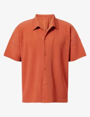 HOMME PLISSE ISSEY MIYAKE Camp-Collar Pleated Knitted Shirt in 35-shade Vermillion – Mens | Shirts | Casual Shirts | Short-sleeved