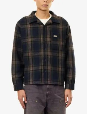 HONOR THE GIFT Plaid Wool-Blend Flannel Overshirt in NAVY, additional product view 3