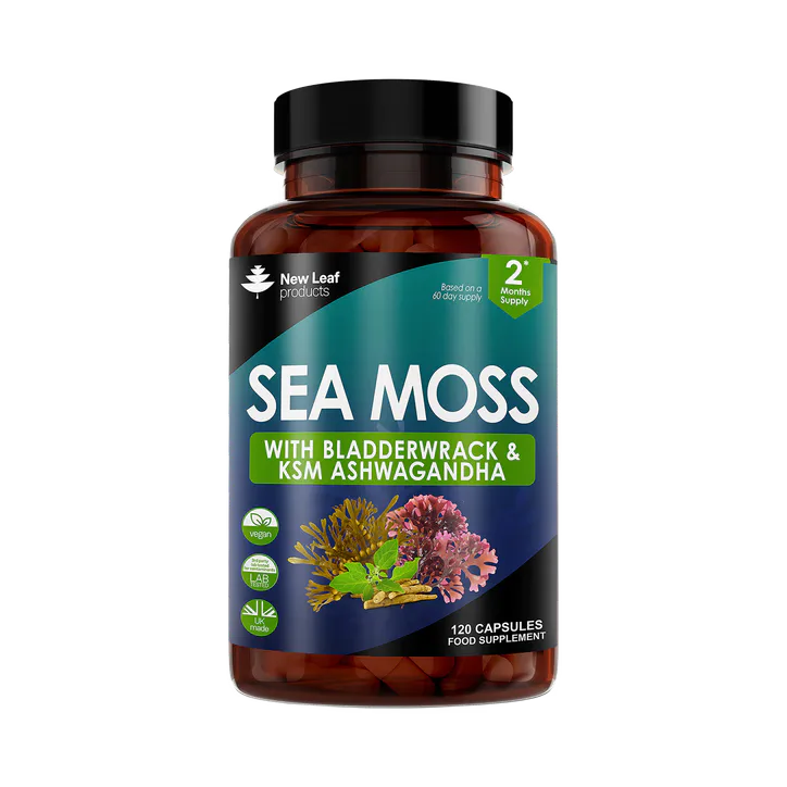 New Leaf Products Irish Sea Moss Capsules with Bladderwrack & KSM Ashwagandha 120 Capsules