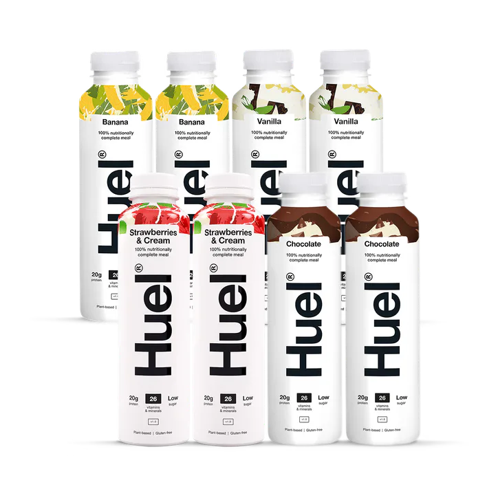 Huel Nutritionally Complete Food Variety Pack (Chocolate, Banana, Vanilla & Strawberries & Cream) 8x 500ml