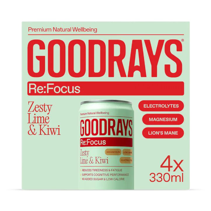 Goodrays Re:Focus Electrolytes, Magnesium & Lions Mane Lime & Kiwi Drink 4 x 330ml – Food & Drink > Drinks & Juices > Natural Energy Drinks