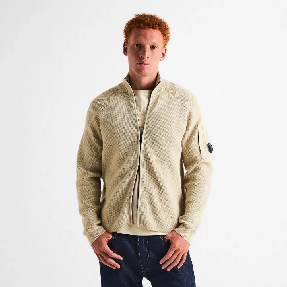 CP Company Men's Waffle Cotton Funnel-Neck Full-Zip Knitted Top detail 3