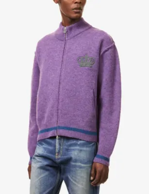 THAMES Logo-Appliqué Zip-Up Wool-Blend Cardigan in PURPLE, additional product view 3