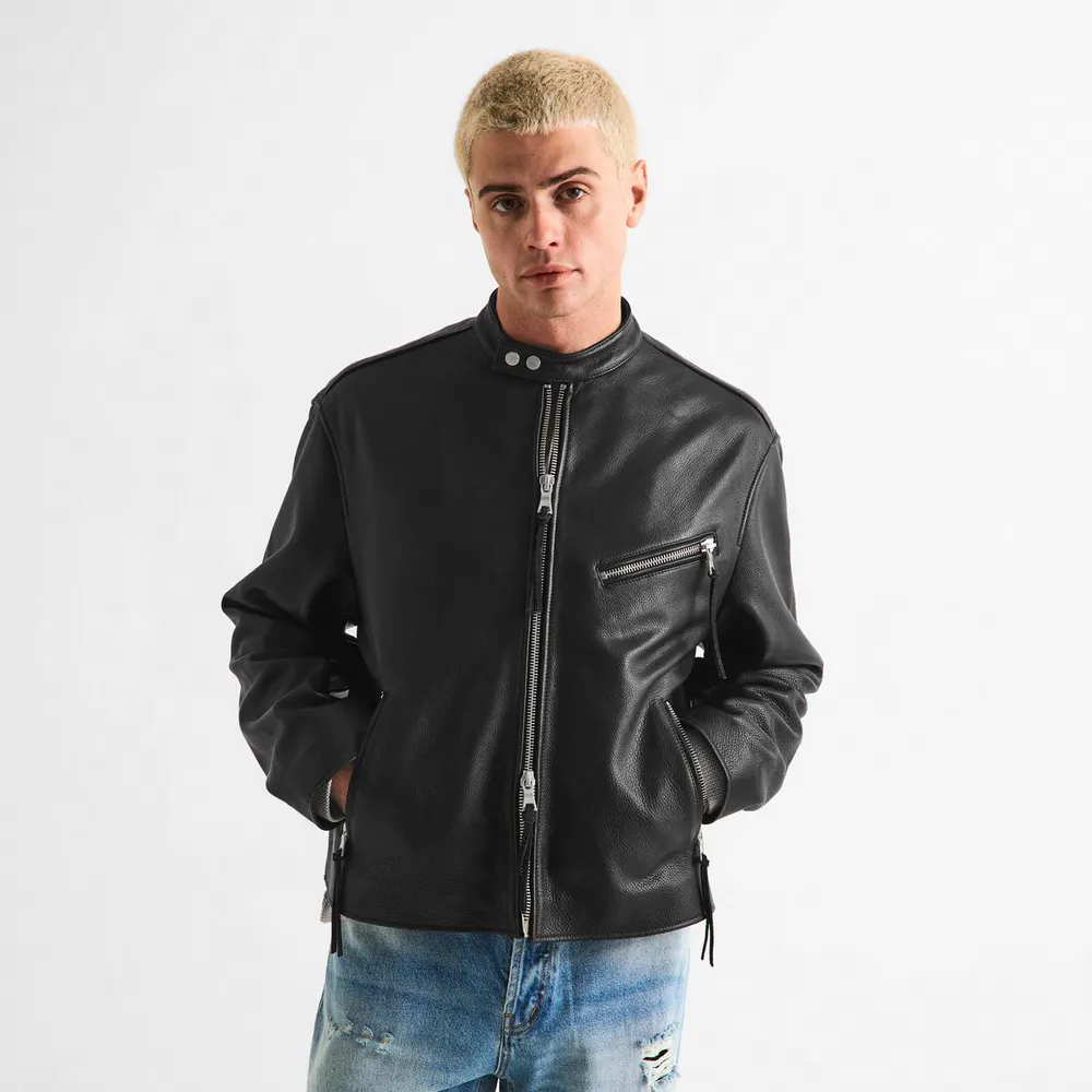 MKI MIYUKI ZOKU Men's Racer Leather Jacket in Black, additional product view 3