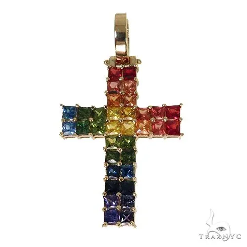 PIA - For Him GEMSTONES Rainbow 2 Row Princess Cut Sapphire Cross 67790 in Rose – Pendant