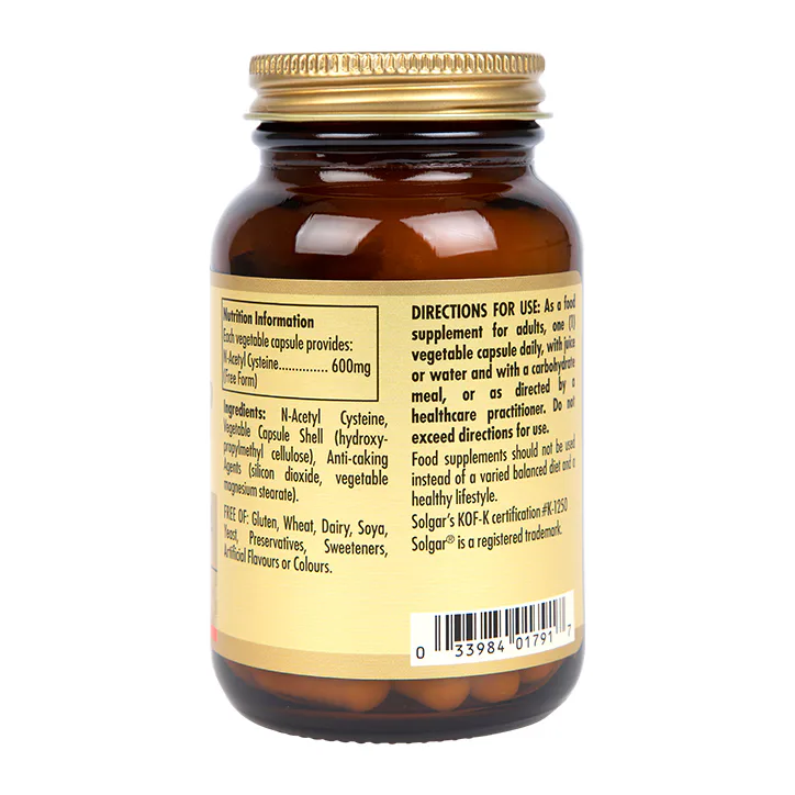 Solgar N-Acetyl Cysteine 600mg Free Form 60 Vegi Capsules, additional product view 3