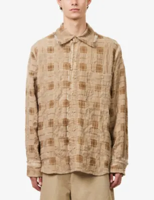 UMA WANG Tab Checked Virgin Wool-Blend Shirt in TAN, additional product view 3
