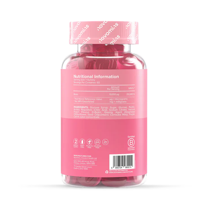 Novomins Biotin 10,000µg Peach Flavoured 60 Gummies detail 2