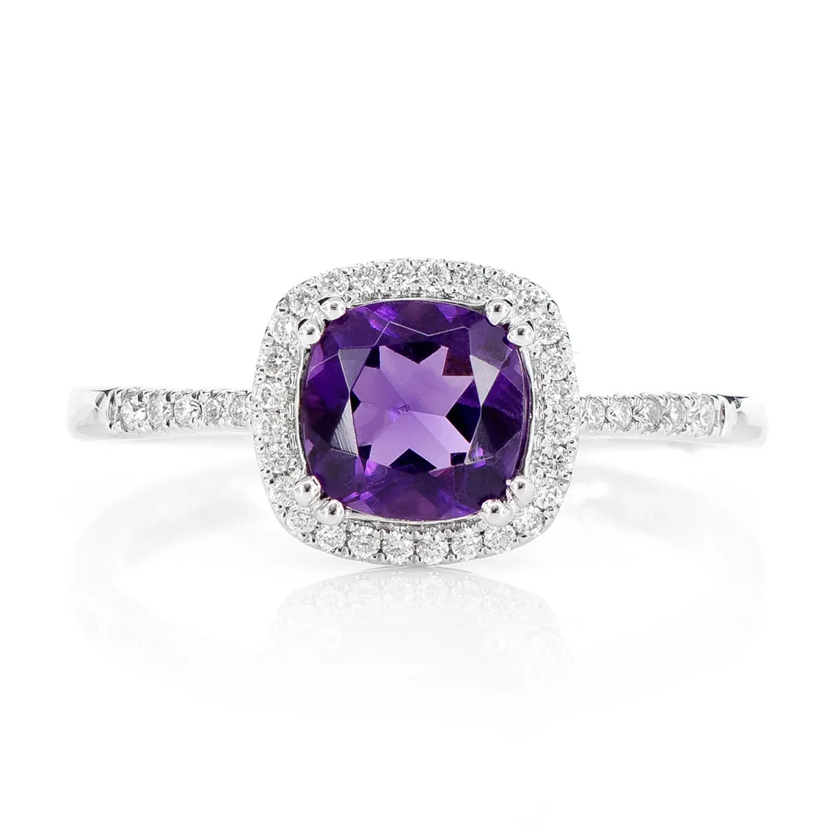 For Him Amethyst Cushion and Diamond Halo Ring in White Gold / Natural Diamond – Ring