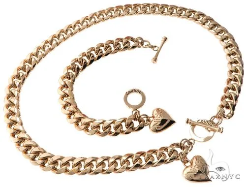 RINA - For Him FACTORY Miami Cuban Chain and Bracelet Set with Custom Locks and Heart Charms 64569 in Rose Gold / 18 Inches – Pendant Set