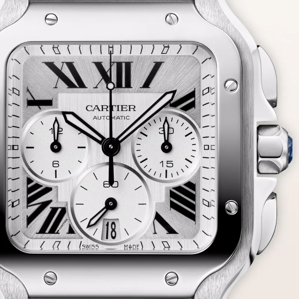 Cartier Santos watch, large model, Manufacture chronograph mechanical movement with automatic winding detail 2