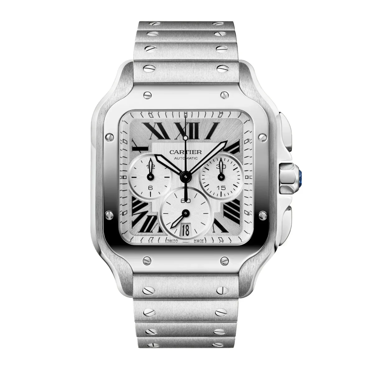 Cartier Santos watch, large model, Manufacture chronograph mechanical movement with automatic winding
