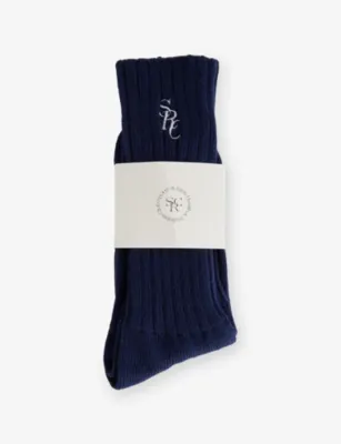 SPORTY & RICH Logo-Embroidered Rib-Knit Socks in NAVY – Mens | Underwear & socks | Socks | Plain Socks
