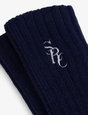 SPORTY & RICH Logo-Embroidered Rib-Knit Socks in NAVY, additional product view 2