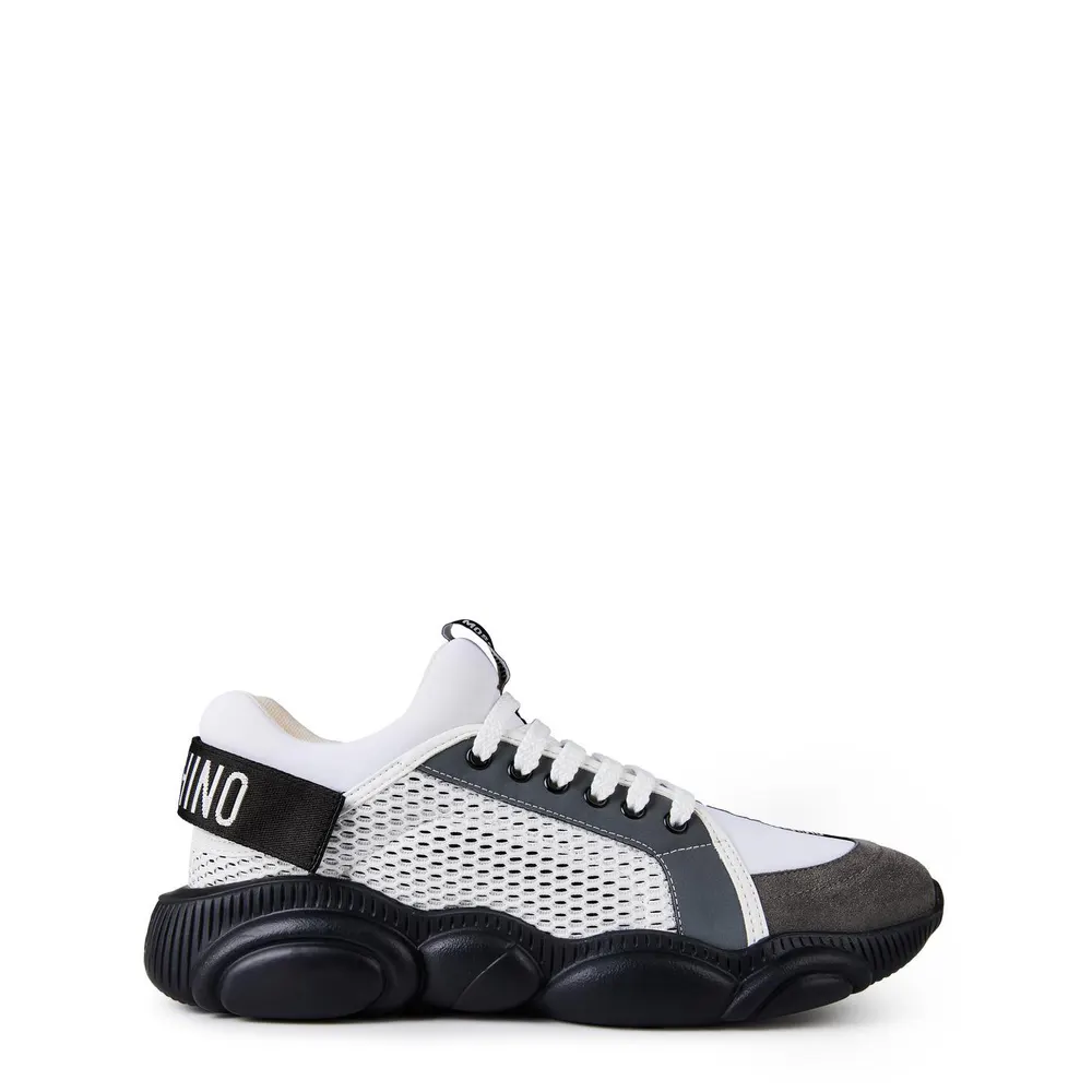 Moschino Mesh Teddy Low Top Trainers in White/Grey – Footwear