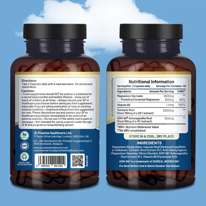 Prowise Healthcare 4-in-1 Magnesium Glycinate added with KSM-66 Ashwagandha, Turmeric and Vitamin B6 90 Vegan Capsules detail 2