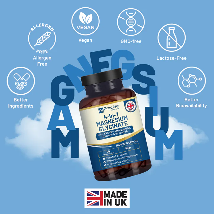 Prowise Healthcare 4-in-1 Magnesium Glycinate added with KSM-66 Ashwagandha, Turmeric and Vitamin B6 90 Vegan Capsules detail 3