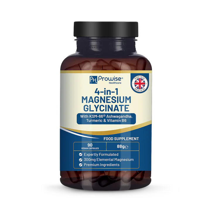 Prowise Healthcare 4-in-1 Magnesium Glycinate added with KSM-66 Ashwagandha, Turmeric and Vitamin B6 90 Vegan Capsules