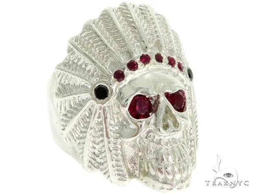 MARYAM - For Him SILVER .925 Sterling Silver Black Diamond Indian Skull Ring With Red Ruby Stones 61446 in White / 10 – Ring