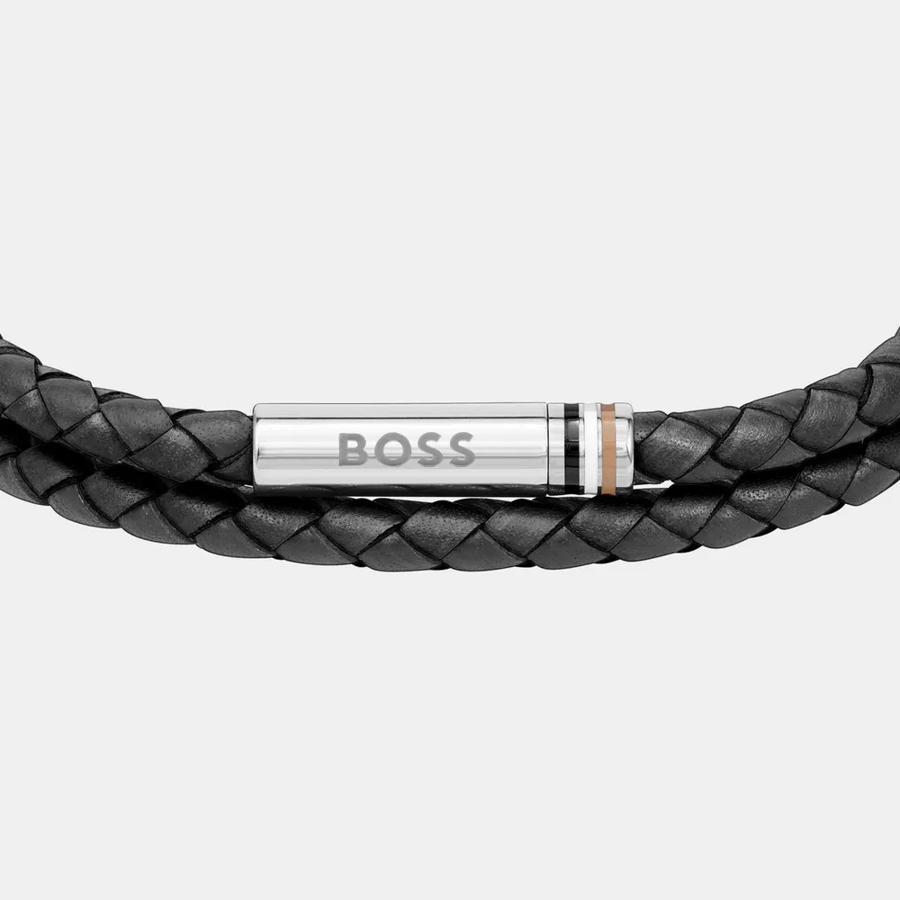 Boss Men's Ares Double Wrap Leather Bracelet detail 2