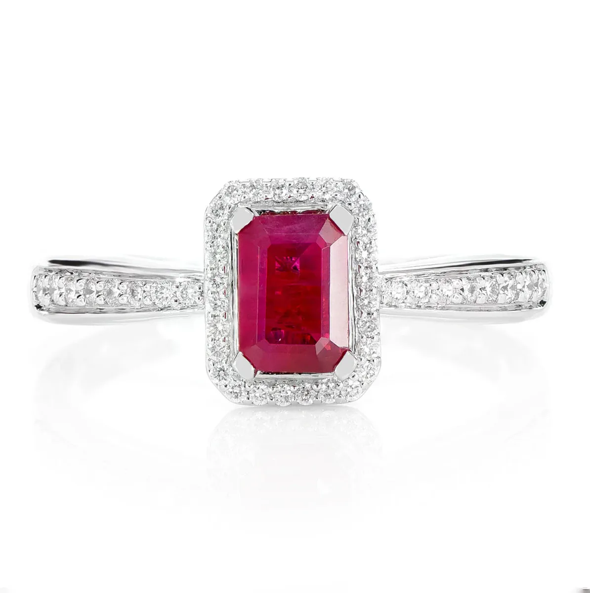 For Him Emerald Cut Ruby Gemstone and Diamond Halo Ring in White Gold / Natural Diamond – Ring