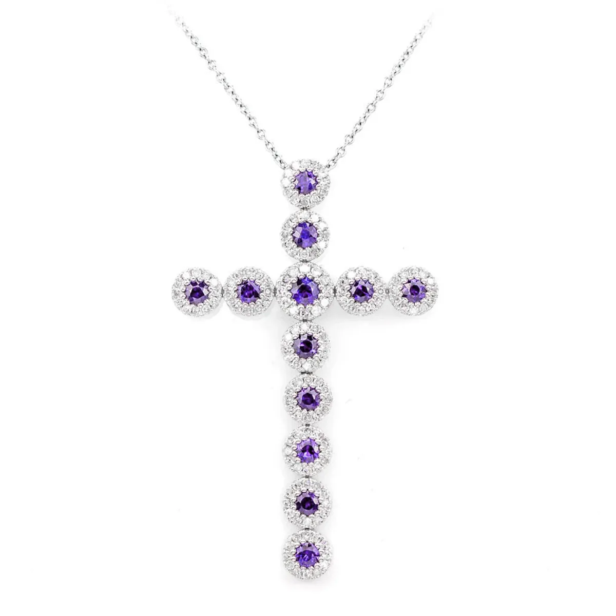 For Him Amethyst and Diamond Halo Cross Necklace in White Gold / Lab Grown Diamond – Necklace