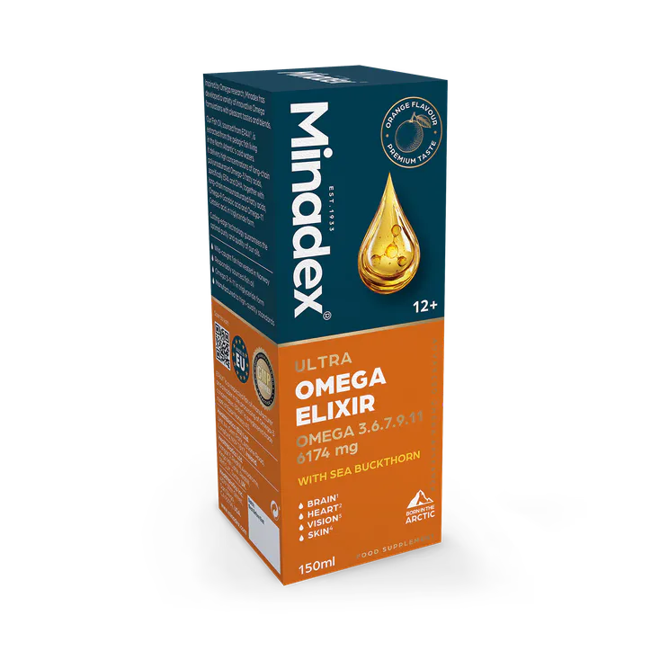 Minadex Ultra Omega Elixir 150ml, Omega 3-6-7-9-11 - 6174mg, Orange Flavour detail 2