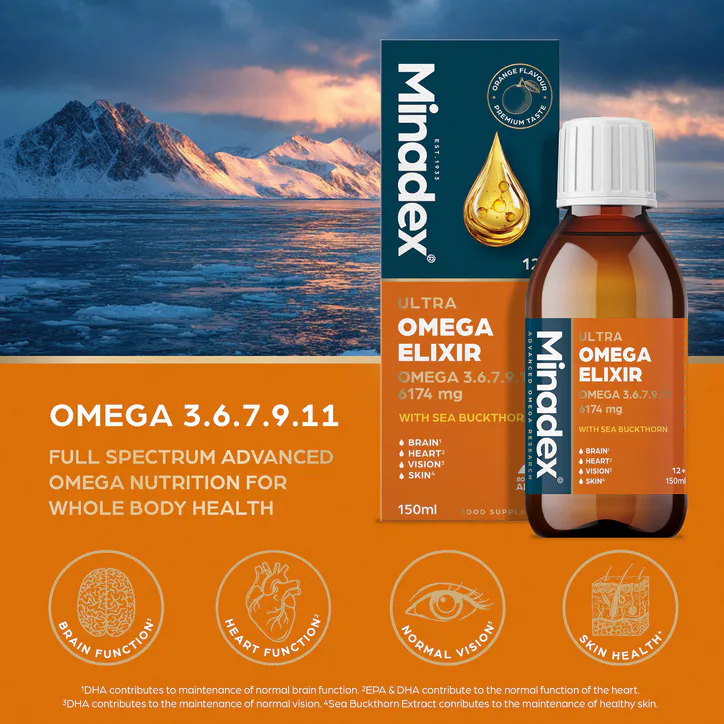 Minadex Ultra Omega Elixir 150ml, Omega 3-6-7-9-11 - 6174mg, Orange Flavour detail 3