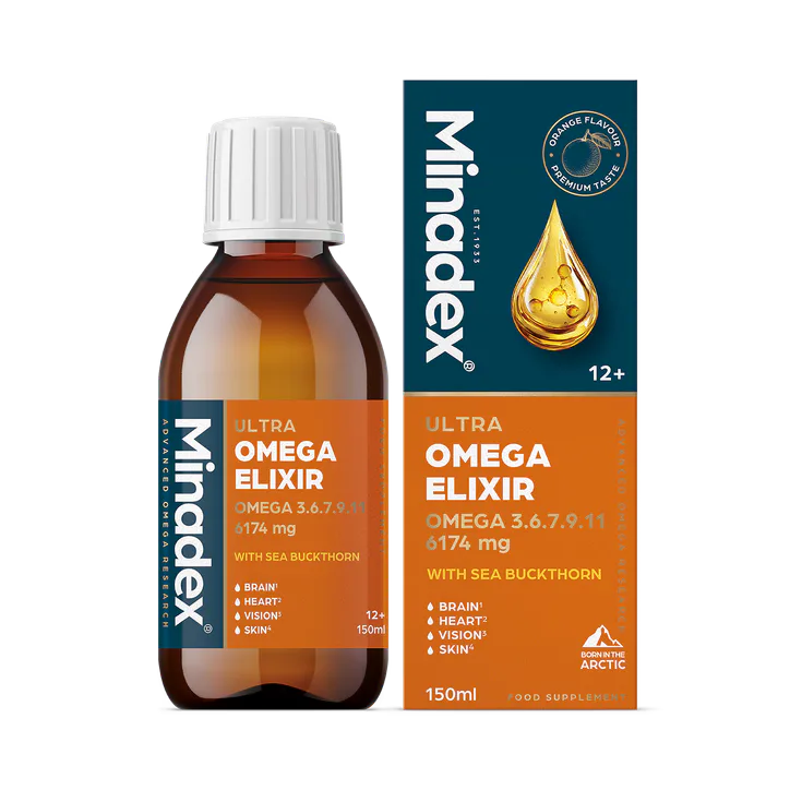 Minadex Ultra Omega Elixir 150ml, Omega 3-6-7-9-11 - 6174mg, Orange Flavour
