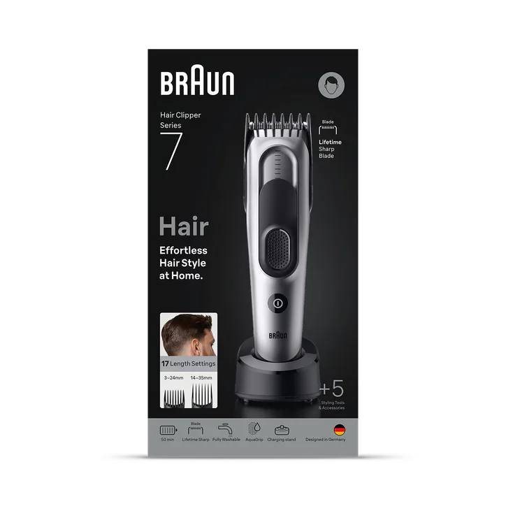 BRAUN Hair Clipper Series 7, +5 Styling Tools, Lifetime Sharp Blade, 17 Lengths, HC7590, Grey